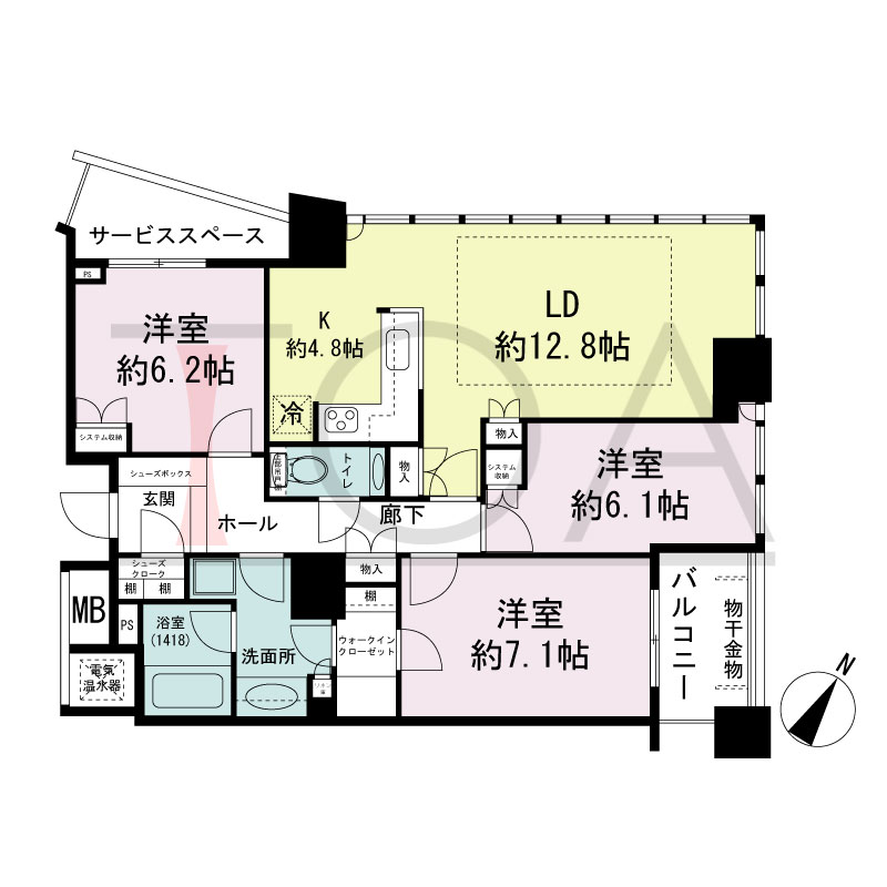 ザ・タワー大阪の間取り図 東向き角 3LDK 専有面積85.59m2
バルコニー面積4.79m2
サービススペース面積5.05m2