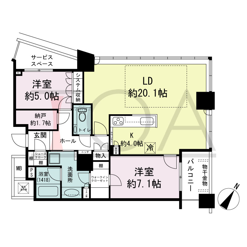 ザ・タワー大阪の間取り図 東向き角 2LDK+N 専有面積85.59m2
バルコニー面積4.79m2
サービススペース面積5.05m2