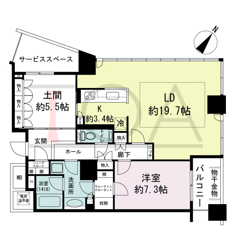 ザ・タワー大阪の間取り図 東向き角 1LDK+土間 専有面積85.59m2
バルコニー面積4.79m2
サービススペース面積5.05m2