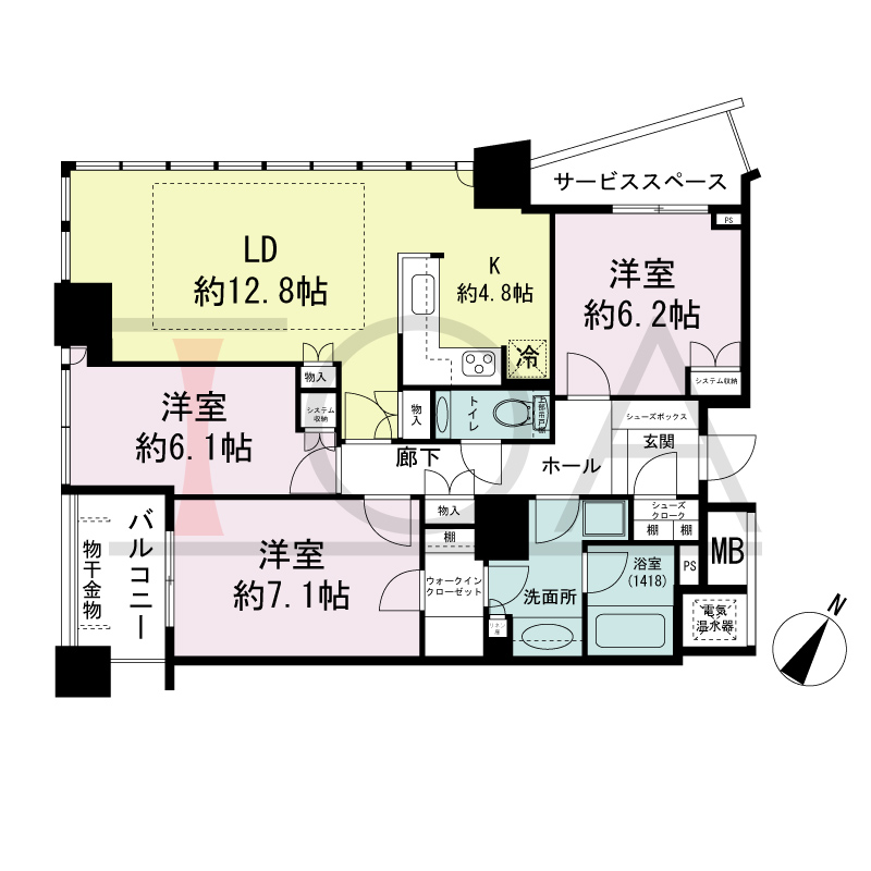 ザ・タワー大阪の間取り図 南西向き角 3LDK 専有面積85.59m2
バルコニー面積4.79m2
サービススペース面積5.05m2