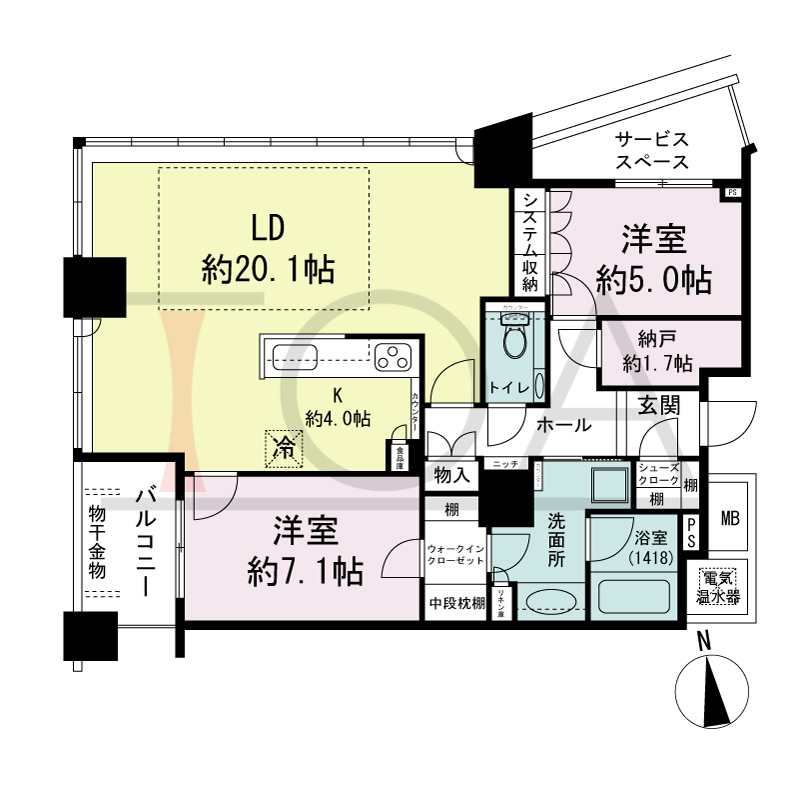 ザ・タワー大阪の間取り図 南西向き角 2LDK+N 専有面積85.59m2
バルコニー面積4.79m2
サービススペース面積5.05m2