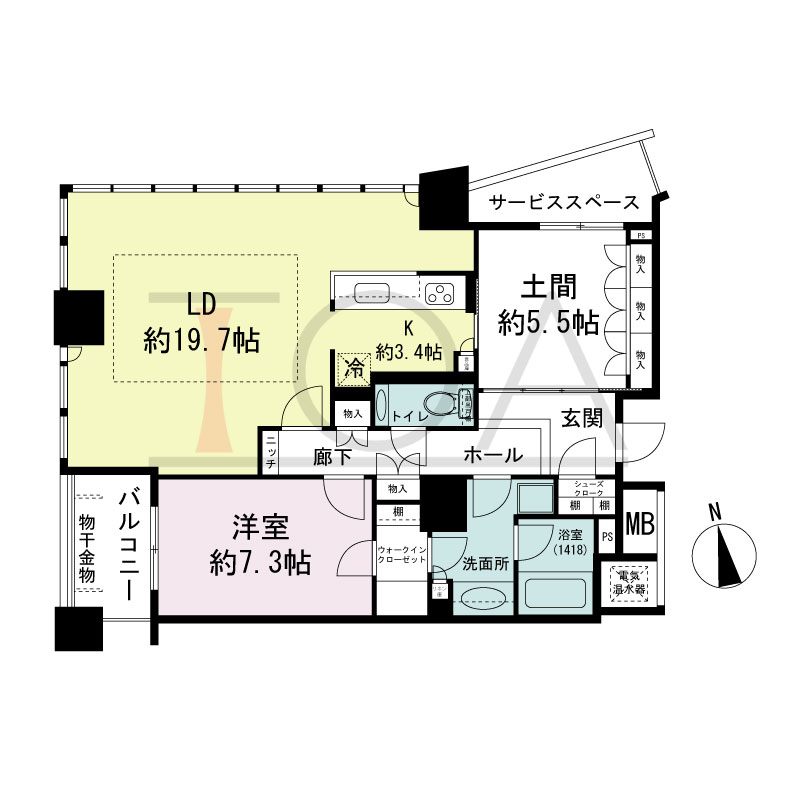 ザ・タワー大阪の間取り図 南西向き角 1LDK+土間 専有面積85.59m2
バルコニー面積4.79m2
サービススペース面積5.05m2