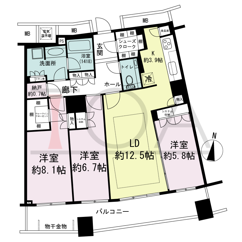 ザ・タワー大阪の間取り図 南向き 3LDK+N 専有面積90.64m2
バルコニー面積16.93m2
