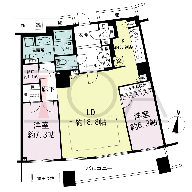 ザ・タワー大阪の間取り図 南向き 2LDK+N 専有面積90.64m2
バルコニー面積16.93m2