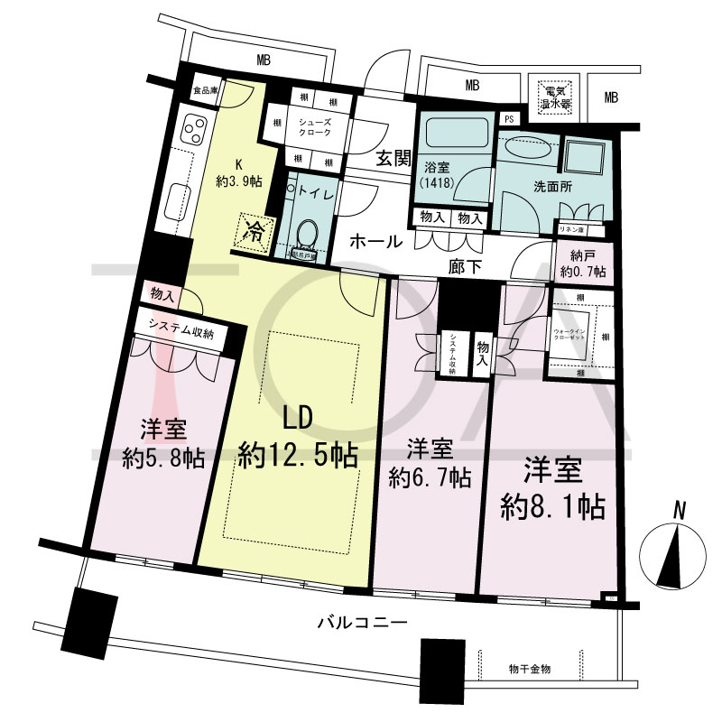ザ・タワー大阪の間取り図 南向き 3LDK+N 専有面積90.64m2
バルコニー面積16.93m2