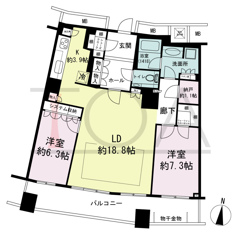 ザ・タワー大阪の間取り図 南向き 2LDK+N 専有面積90.64m2
バルコニー面積16.93m2