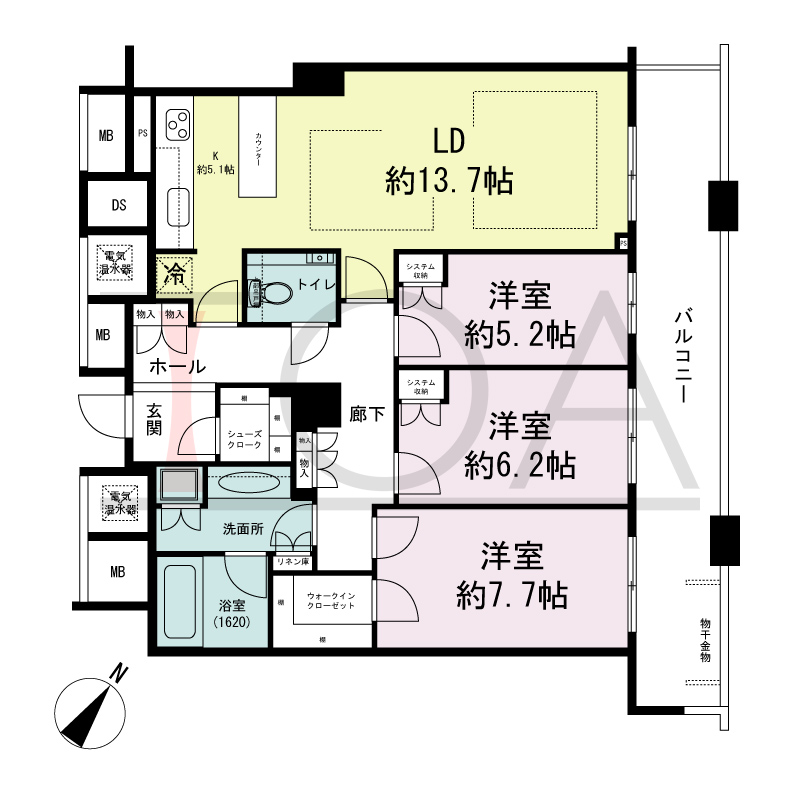 ザ・タワー大阪の間取り図 北東向き 3LDK 専有面積93.29m2
バルコニー面積19.43m2