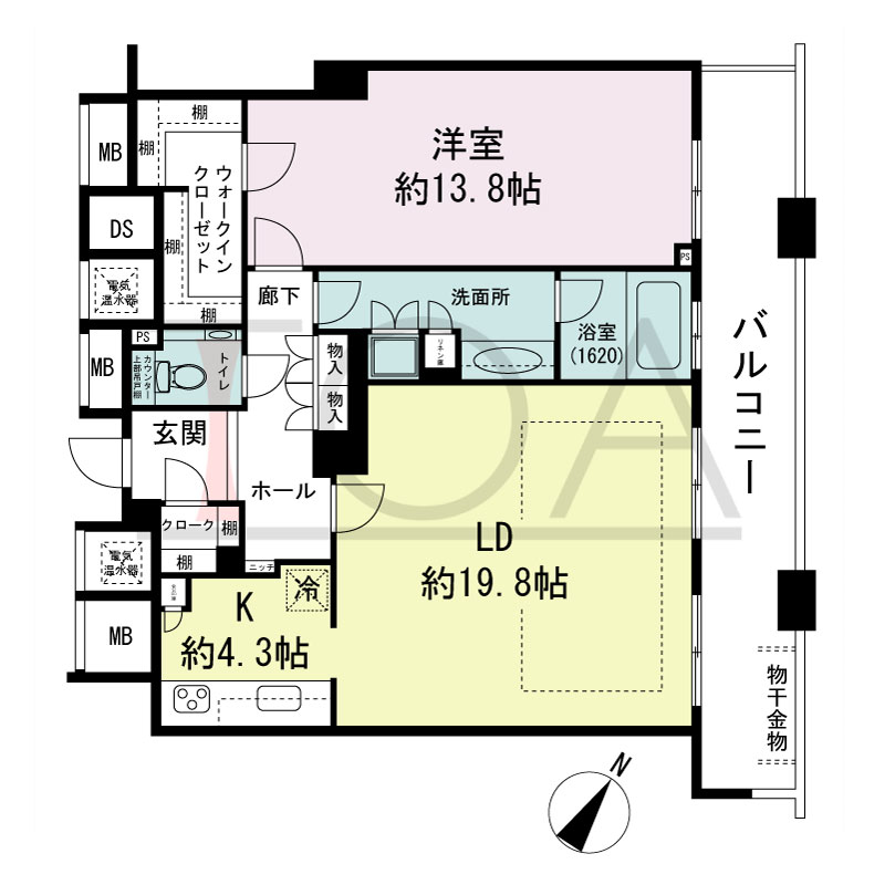 ザ・タワー大阪の間取り図 北東向き 1LDK 専有面積93.29m2
バルコニー面積19.43m2