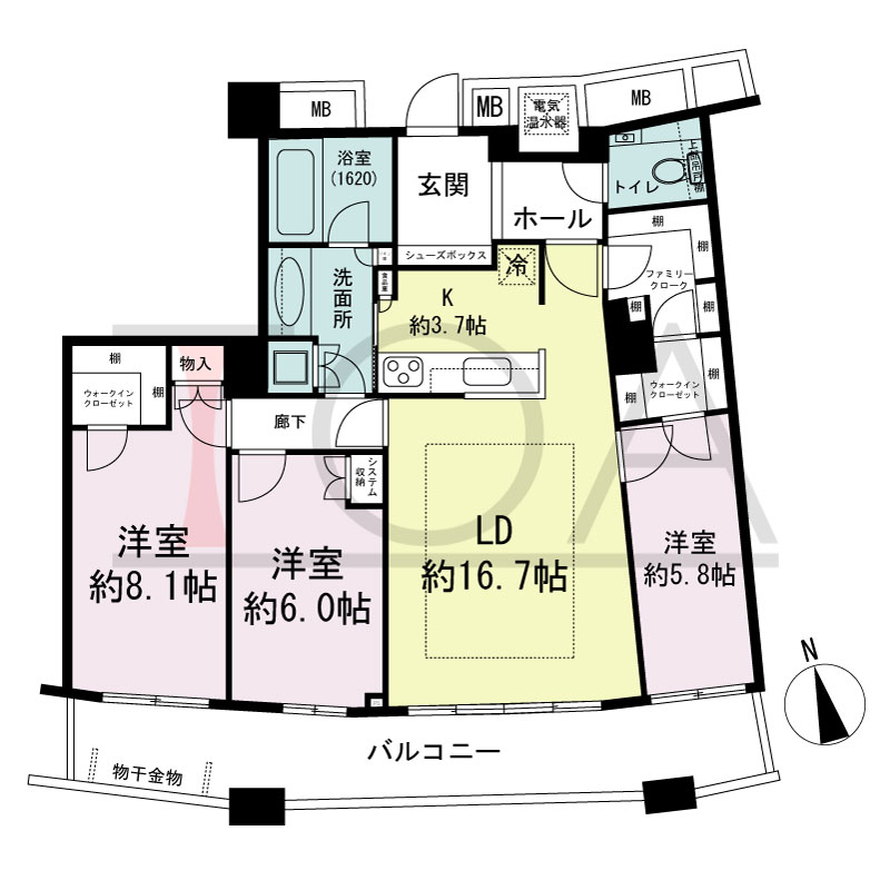 ザ・タワー大阪の間取り図 南向き 3LDK+ﾌｧﾐﾘｰｸﾛｰｾﾞｯﾄ 専有面積96.05m2
バルコニー面積18.68m2