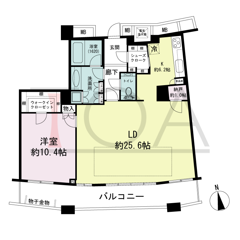 ザ・タワー大阪の間取り図 南向き 1LDK+N 専有面積96.05m2
バルコニー面積18.68m
