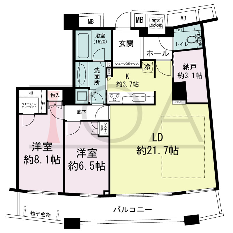 ザ・タワー大阪の間取り図 南向き 2LDK+N 専有面積96.05m2
バルコニー面積18.68m2