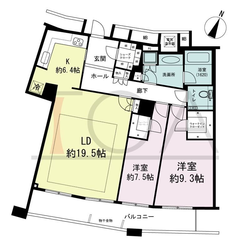 ザ・タワー大阪の間取り図 南向き 2LDK 専有面積102.13m2
バルコニー面積15.92m2