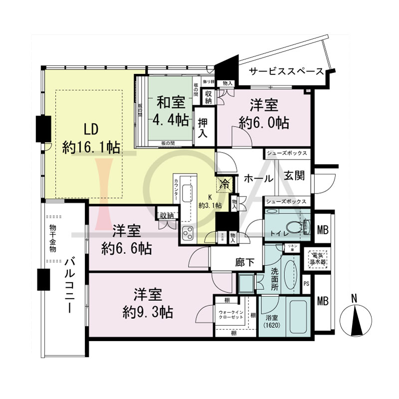 ザ・タワー大阪の間取り図 西向き 4LDK 専有面積106.26m2
バルコニー面積10.15m2
サービススペース面積5.25m2