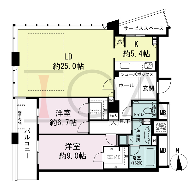 ザ・タワー大阪の間取り図 西向き 2LD・K 専有面積106.26m2
バルコニー面積10.15m2
サービススペース面積5.25m2