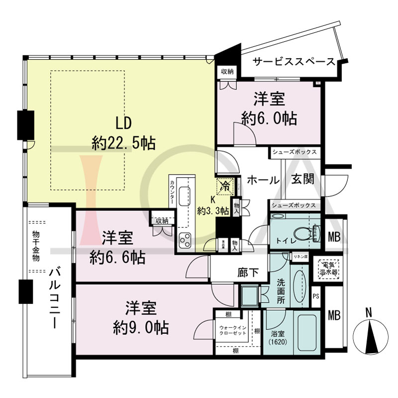 ザ・タワー大阪の間取り図 西向き 3LDK 専有面積106.26m2
バルコニー面積10.15m2
サービススペース面積5.25m2