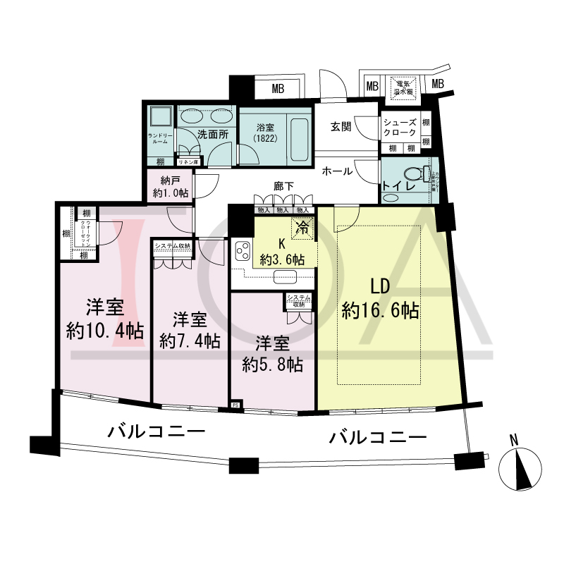 ザ・タワー大阪の間取り図 南向き 3LDK+N 専有面積106.88m2
バルコニー面積20.28m2
