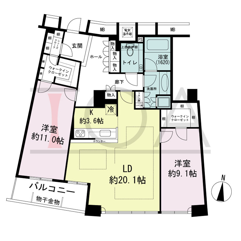 ザ・タワー大阪の間取り図 南向き 2LDK 専有面積109.26m2
バルコニー面積7.42m2
