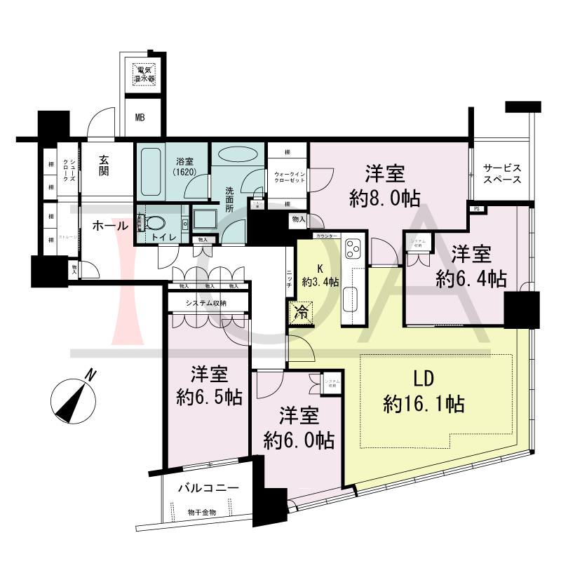 ザ・タワー大阪の間取り図 南東向き 4LDK+S 専有面積111.34m2
バルコニー面積4.28m2
サービススペース面積3.06m2