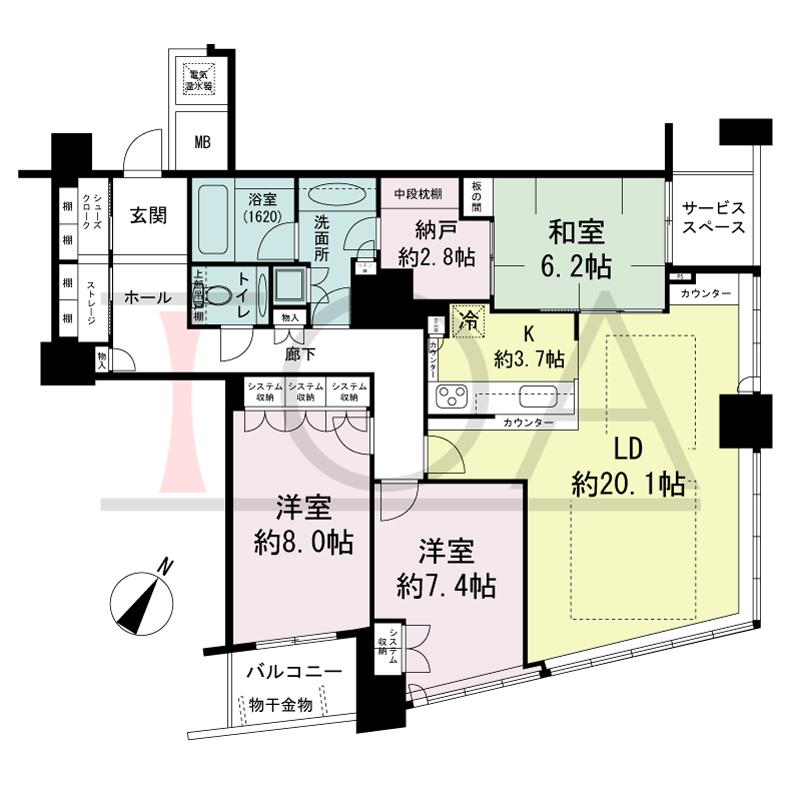 ザ・タワー大阪の間取り図 南東向き 3LDK+N+S 専有面積111.34m2
バルコニー面積4.28m2
サービススペース面積3.06m2