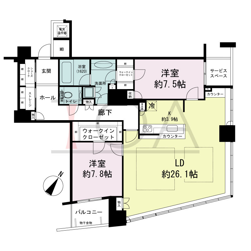ザ・タワー大阪の間取り図 南東向き 2LDK+S 専有面積111.34m2
バルコニー面積4.28m2
サービススペース面積3.06m2