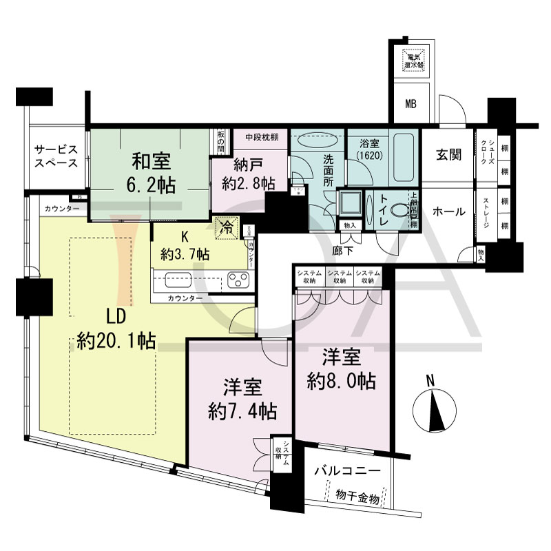 ザ・タワー大阪の間取り図 南向き 3LDK+N+S 専有面積111.34m2
バルコニー面積4.28m2
サービススペース面積3.06m2