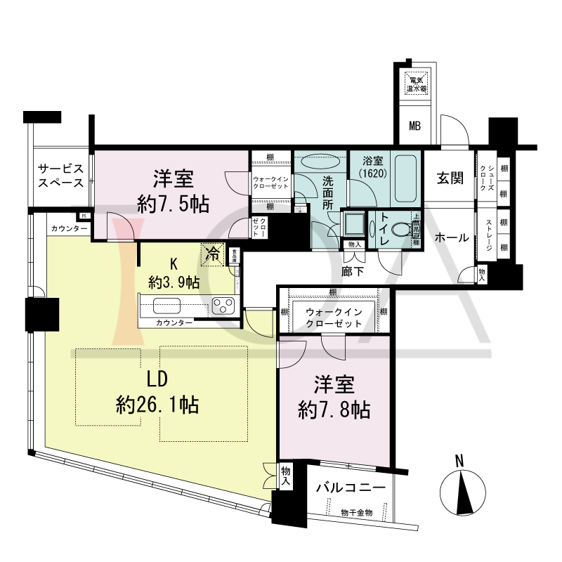 ザ・タワー大阪の間取り図 南向き 2LDK+N+S 専有面積111.34m2
バルコニー面積4.28m2
サービススペース面積3.06m2
