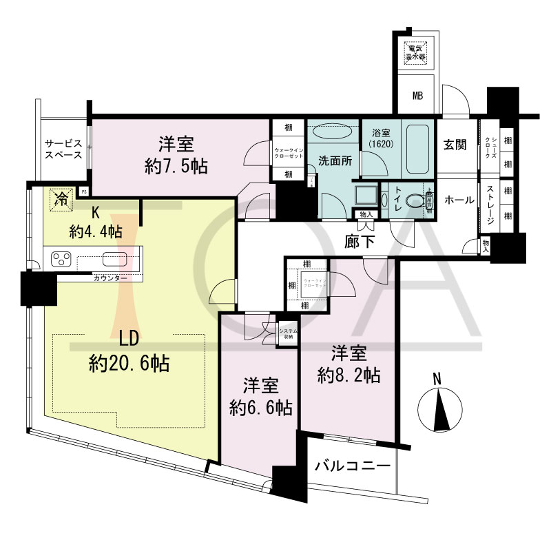ザ・タワー大阪の間取り図 南向き 3LDK+S 専有面積111.34m2
バルコニー面積4.13m2
サービススペース面積2.96m2