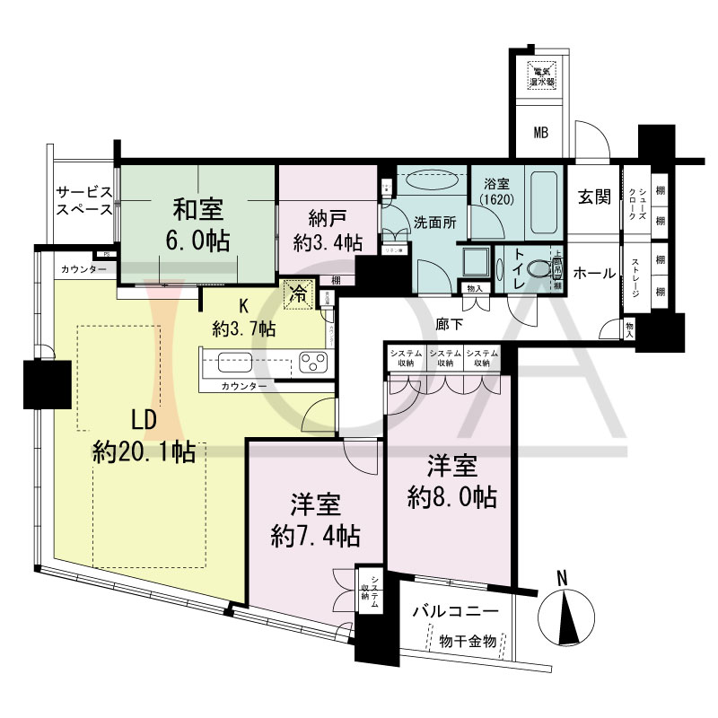 ザ・タワー大阪の間取り図 南向き 3LDK+N+S 専有面積111.34m2
バルコニー面積4.13m2
サービススペース面積2.96m2