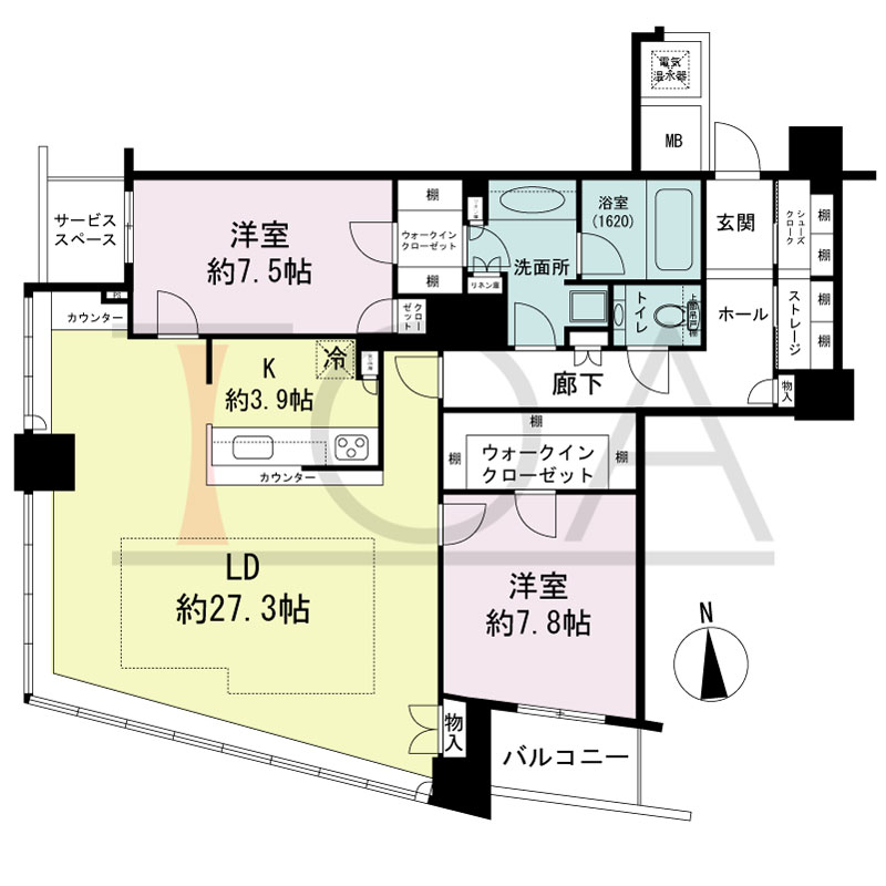 ザ・タワー大阪の間取り図 南向き 2LDK+S 専有面積111.34m2
バルコニー面積4.13m2
サービススペース面積2.96m2