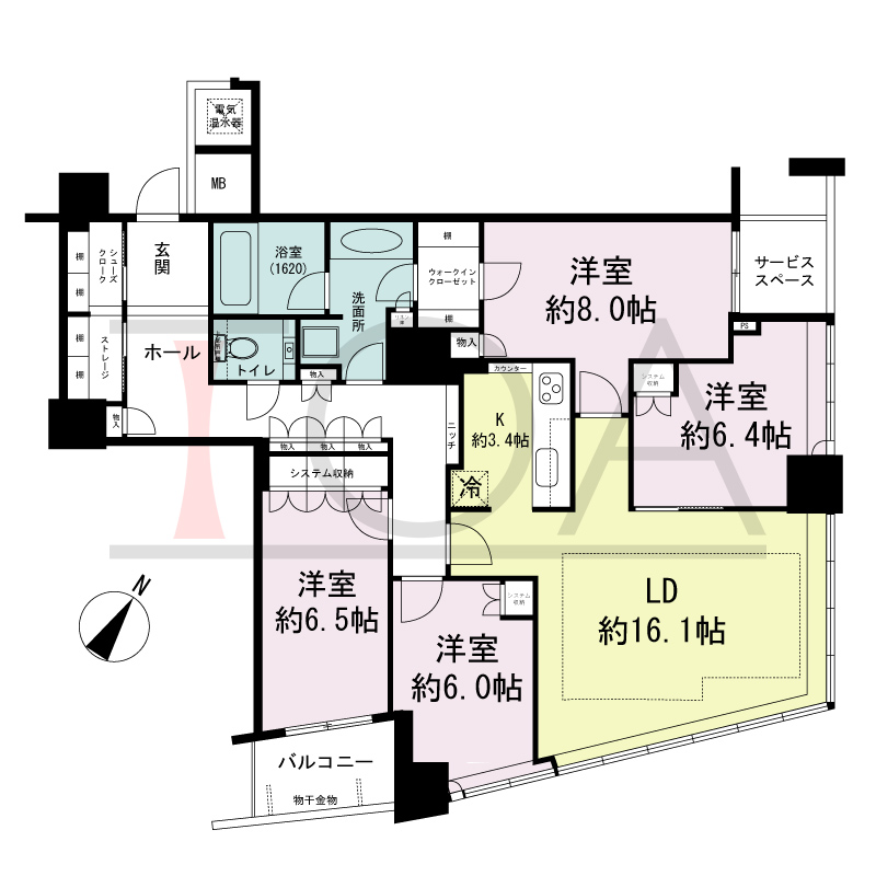 ザ・タワー大阪の間取り図 南東向き 4LDK+S 専有面積111.34m2
バルコニー面積4.13m2
サービススペース面積2.96m2
※18から30階のサービススペース面積3.06m2