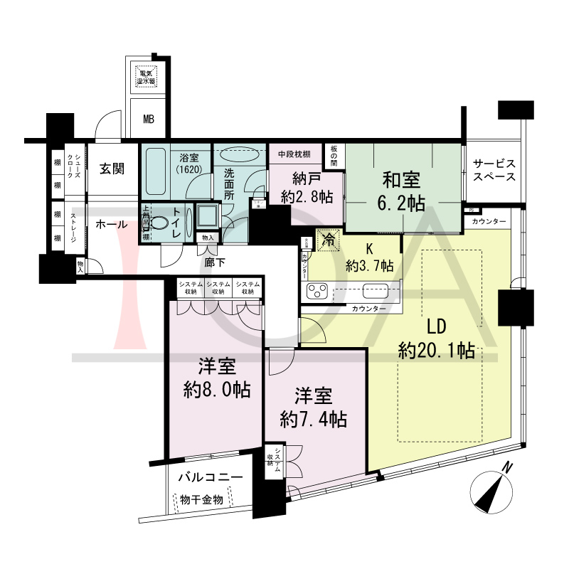 ザ・タワー大阪の間取り図 南東向き 3LDK+N+S 専有面積111.34m2
バルコニー面積4.13m2
サービススペース面積2.96m2
※18から30階のサービススペース面積3.06m2