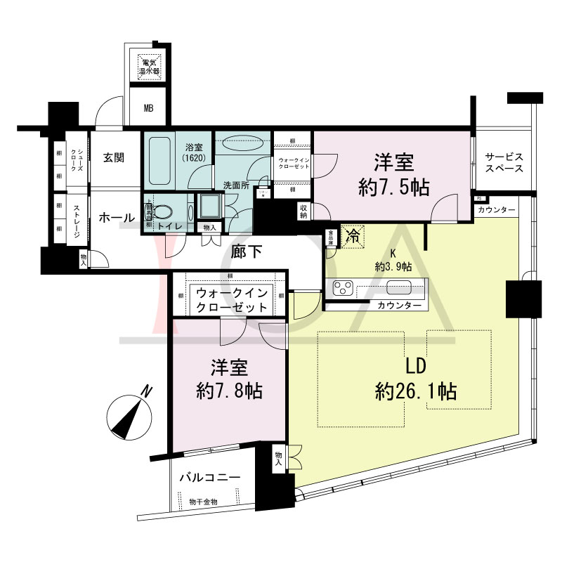 ザ・タワー大阪の間取り図 南東向き 2LDK+S 専有面積111.34m2
バルコニー面積4.13m2
サービススペース面積2.96m2
※18から30階のサービススペース面積3.06m2