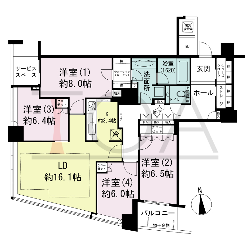ザ・タワー大阪の間取り図 南向き 4LDK+S 専有面積111.34m2
バルコニー面積4.13m2
サービススペース面積2.96m2
※18から29階のサービススペース面積3.06m2