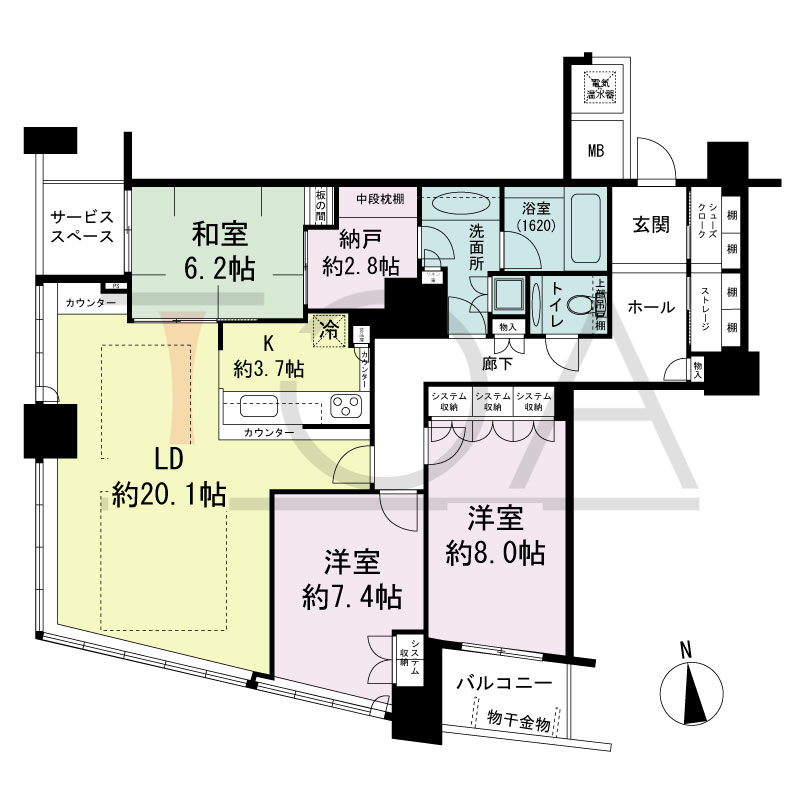ザ・タワー大阪の間取り図 南向き 3LDK+N+S 専有面積111.34m2
バルコニー面積4.13m2
サービススペース面積2.96m2
※18から29階のサービススペース面積3.06m2