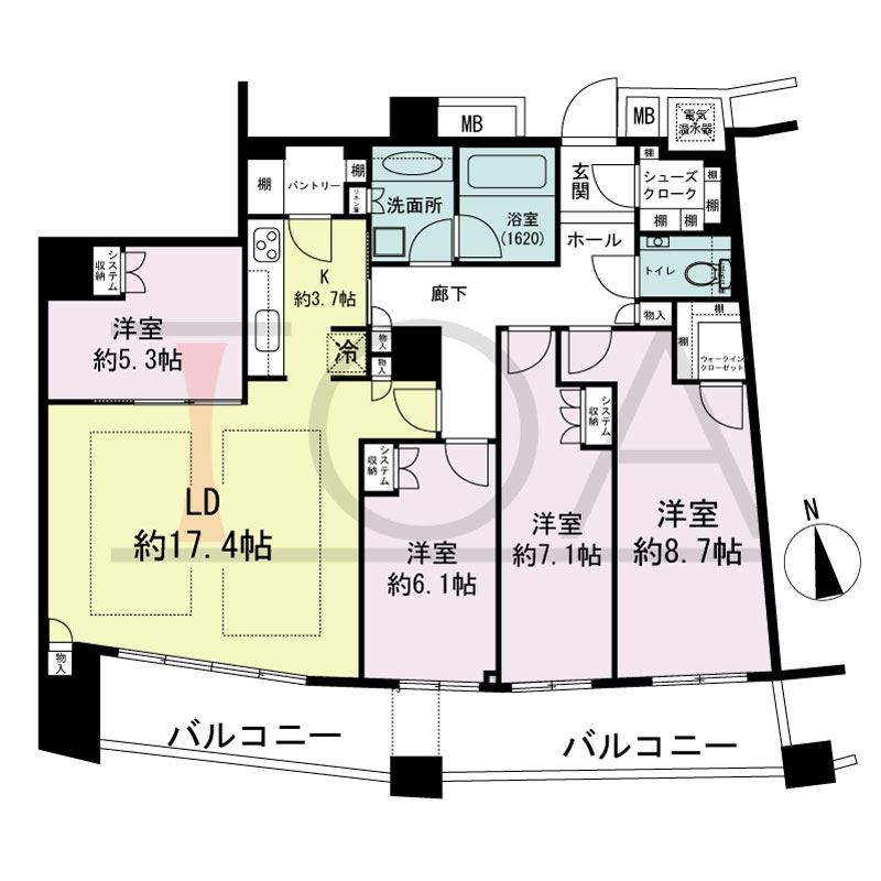 ザ・タワー大阪の間取り図 南向き角 4LDK+ﾊﾟﾝﾄﾞﾘｰ 専有面積113.54m2
バルコニー面積19.64m2
