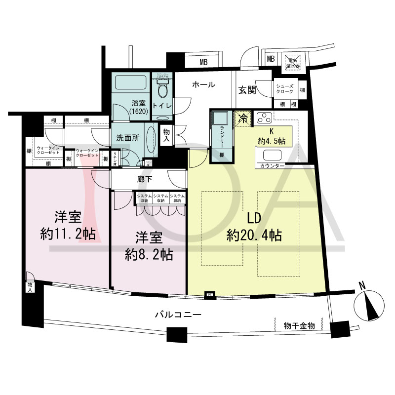 ザ・タワー大阪の間取り図 南向き角 2LDK 専有面積113.54m2
バルコニー面積19.64m2