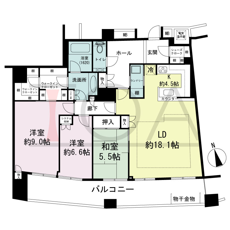 ザ・タワー大阪の間取り図 南向き角 3LDK 専有面積113.54m2
バルコニー面積19.64m2