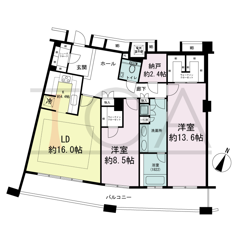 ザ・タワー大阪の間取り図 南向き 2LDK+N 専有面積116.99m2
バルコニー面積21.34m2
