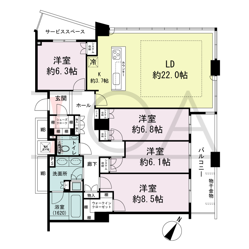 ザ・タワー大阪の間取り図 東向き角 4LDK 専有面積119.71m2
バルコニー面積10.73m2
サービススペース面積5.25m2