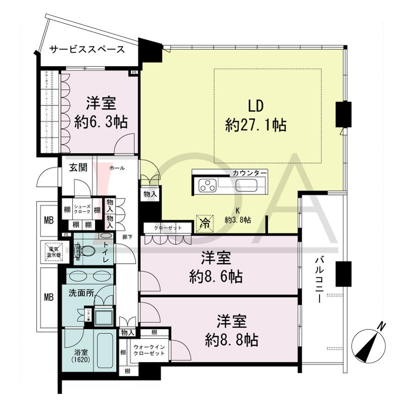 ザ・タワー大阪の間取り図 東向き角 3LDK 専有面積119.71m2
バルコニー面積10.73m2
サービススペース面積5.25m2