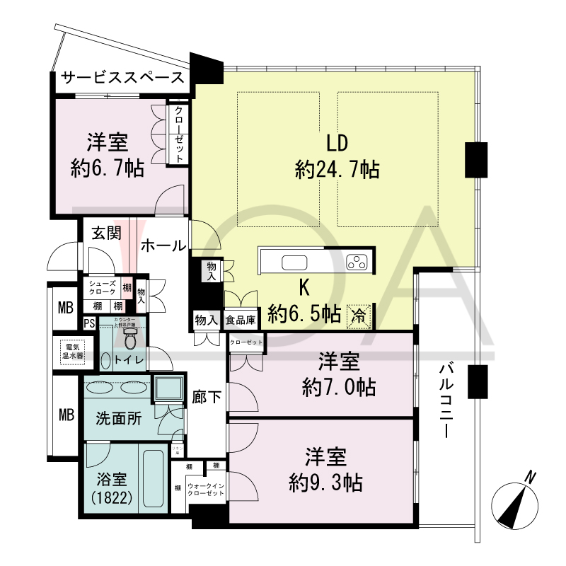 ザ・タワー大阪の間取り図 東向き 3LDK 専有面積121.57m2
バルコニー面積11.50m2
サービススペース面積5.25m2