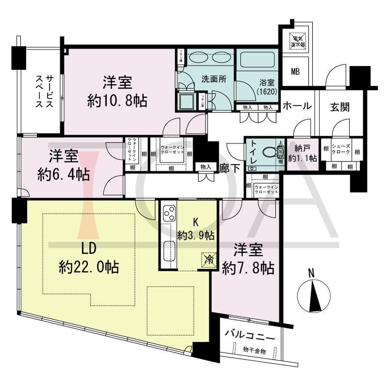 ザ・タワー大阪の間取り図 南向き 3LDK+N 専有面積122.69m2
バルコニー面積4.28m2
サービススペース面積5.75m2