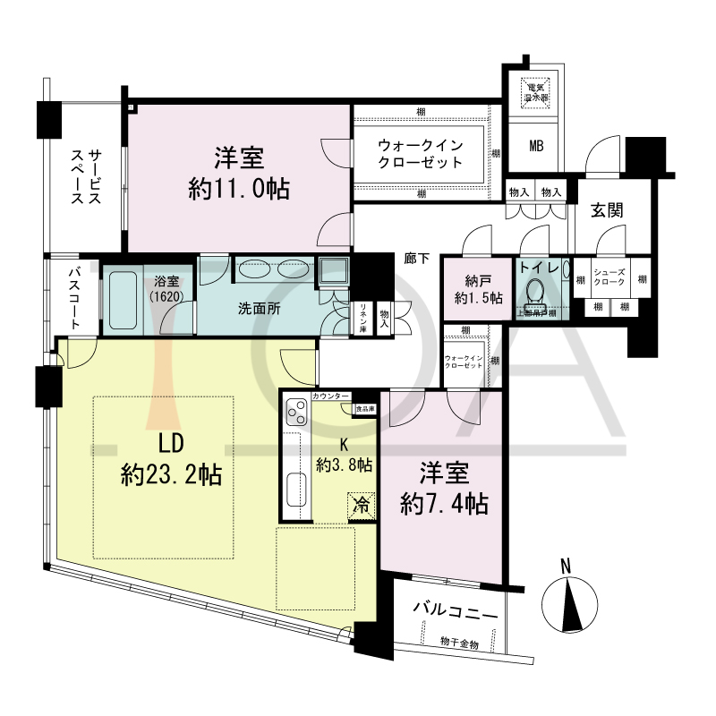 ザ・タワー大阪の間取り図 南向き 2LDK+ﾊﾞｽｺｰﾄ+N 専有面積122.69m2
バルコニー面積4.28m2
サービススペース面積5.75m2