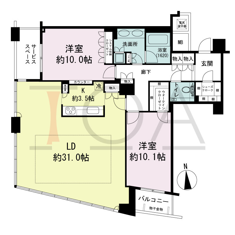 ザ・タワー大阪の間取り図 南向き 2LDK 専有面積122.69m2
バルコニー面積4.28m2
サービススペース面積5.75m2