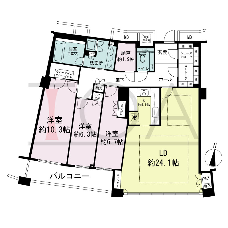 ザ・タワー大阪の間取り図 南向き 3LDK+N+S 専有面積125.79m2
バルコニー面積10.11m2