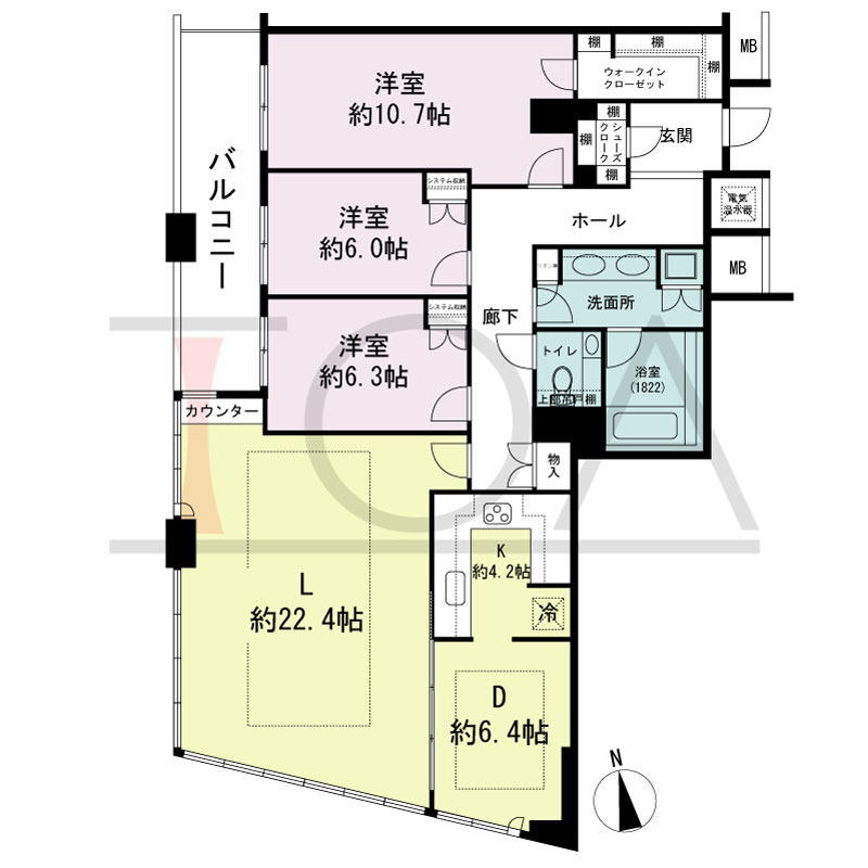 ザ・タワー大阪の間取り図 西向き 3L・DK 専有面積128.13m2
バルコニー面積11.80m2