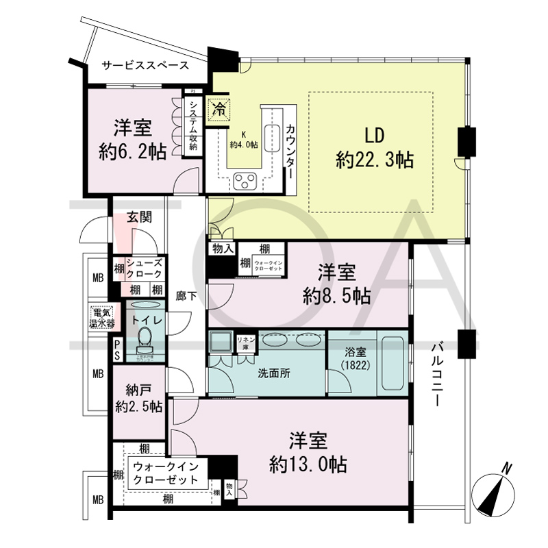 ザ・タワー大阪の間取り図 東向き角 3LDK+N 専有面積131.29m2
バルコニー面積13.13m2
サービススペース面積5.25m2