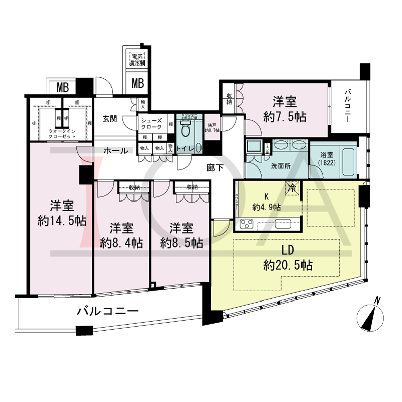 ザ・タワー大阪の間取り図 南向き 4LDK+N 専有面積154.78m2
バルコニー面積18.77m2