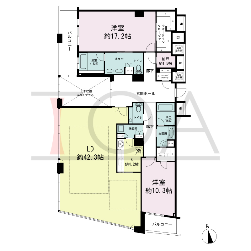 ザ・タワー大阪の間取り図 南向き 2LD・K+ｽｶｲﾃﾗｽ+N専有面積184.08m2
バルコニー面積14.95m2
サービススペース面積3.29m2
スカイテラス面積13.68m2
