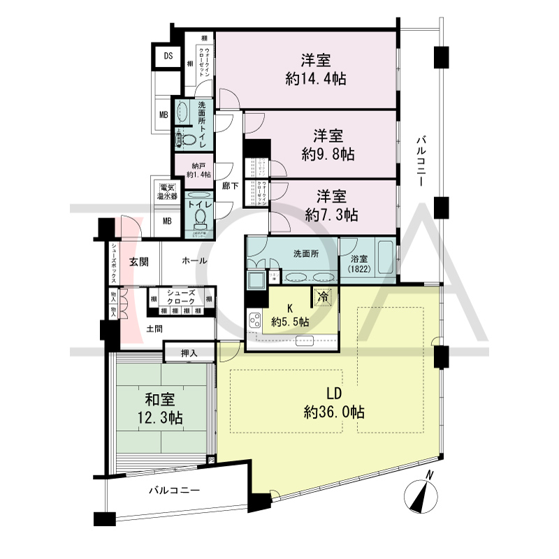 ザ・タワー大阪の間取り図 南向き 4LD・K+土間+N 専有面積199.82m2
バルコニー面積26.17m2